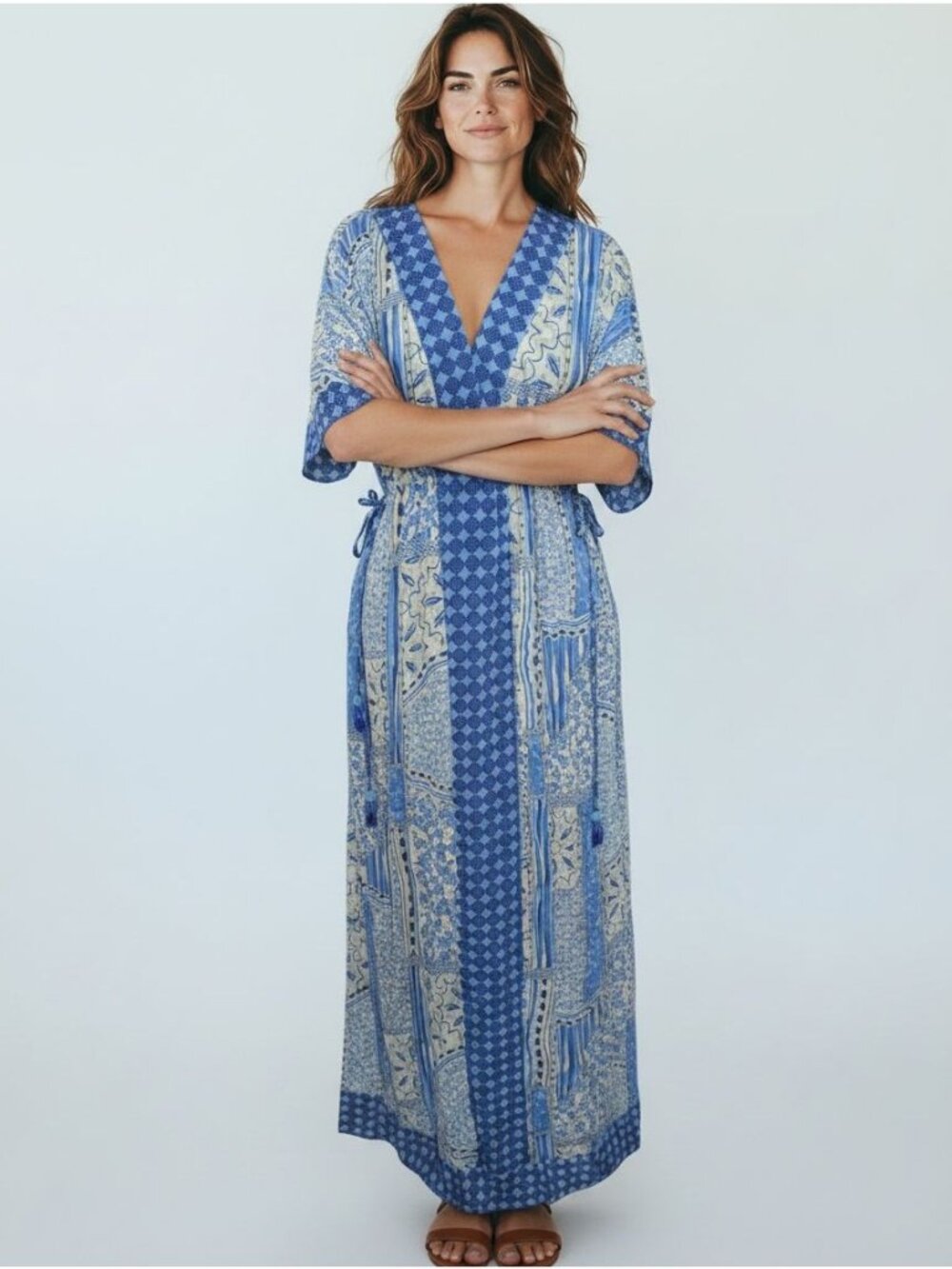 NEW BTLF-Life Blue Patchwork Maxi Dress Dolman Sleeves Cinch waist ties Boho, Co